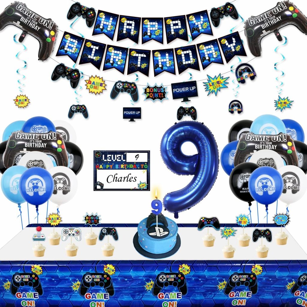 9th Birthday Decorations for Boys-Gaming Party Decorations for Kids-HAPPY BIRTHDAY Gaming Banner Video Game Table Cover Controller Balloon Cake Topper Gaming Hanging Sign Number 9 Candle : Amazon.co.uk: Toys  Games