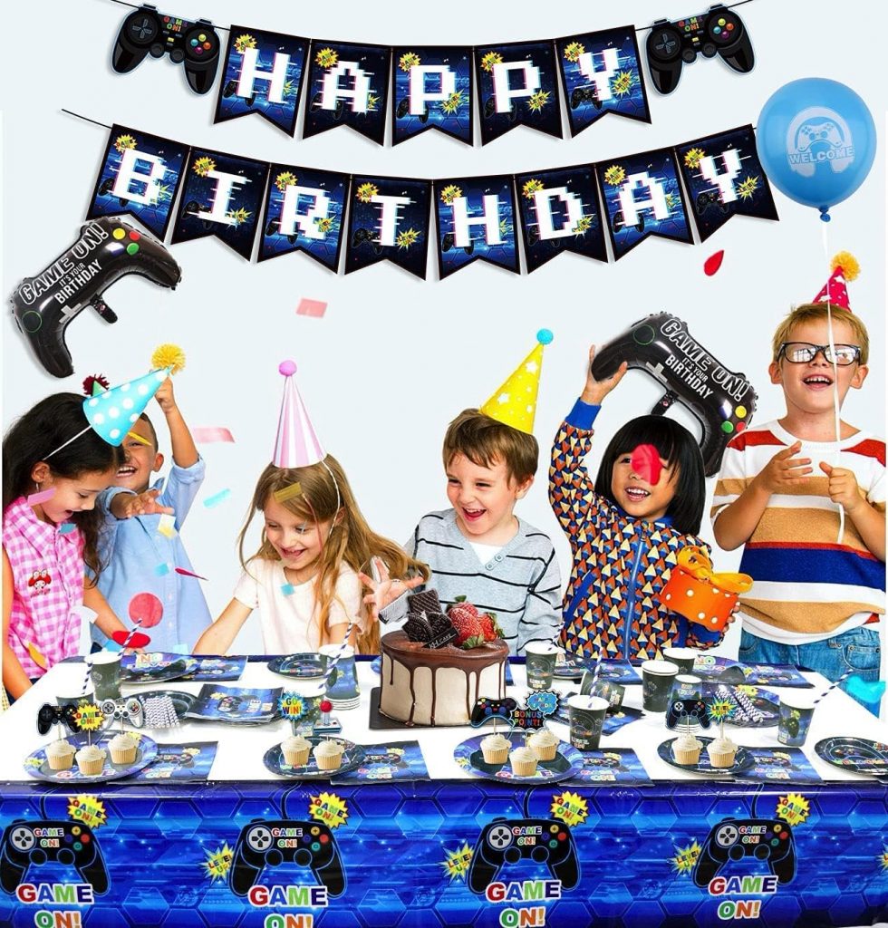 Hegbolke Video Game Party Supplies - Gamer Birthday Decoration Kit for Boys, Including HAPPY BIRTHDAY Banner, Plates, Cups, Napkins, Tableware, Tablecloths, for Kid Birthday Decoration - Serves 20