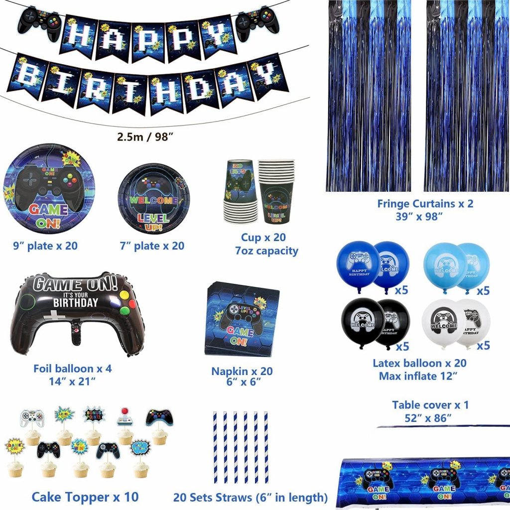 Hegbolke Video Game Party Supplies - Gamer Birthday Decoration Kit for Boys, Including HAPPY BIRTHDAY Banner, Plates, Cups, Napkins, Tableware, Tablecloths, for Kid Birthday Decoration - Serves 20