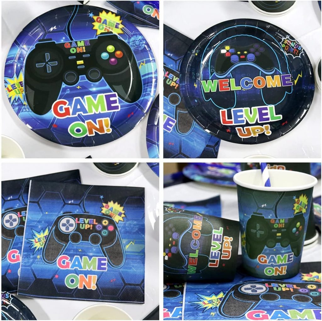 Hegbolke Video Game Party Supplies - Gamer Birthday Decoration Kit for Boys, Including HAPPY BIRTHDAY Banner, Plates, Cups, Napkins, Tableware, Tablecloths, for Kid Birthday Decoration - Serves 20