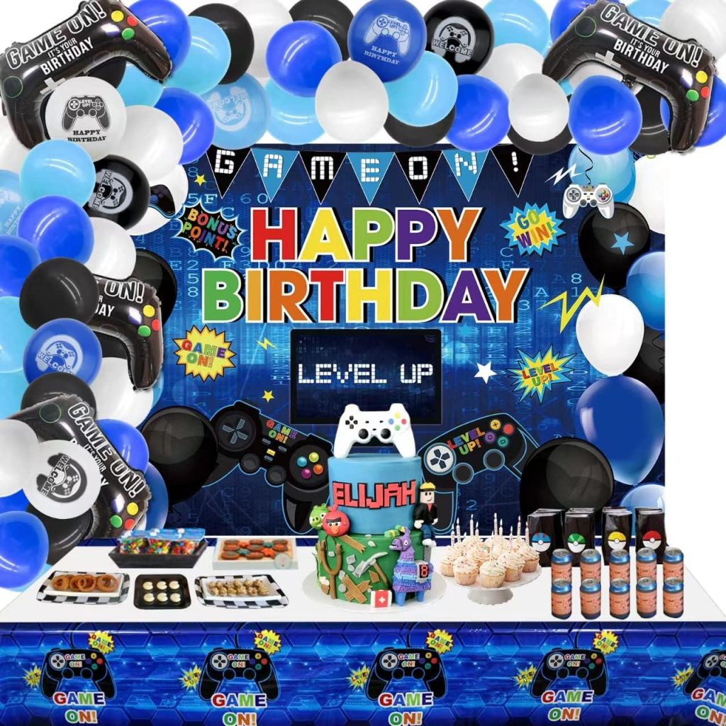 PIXHOTUL Video Game Happy Birthday Decorations Set - Gaming Theme Happy Birthday Backdrop Tablecloth 82Pcs Balloons Garland Arch Kit for Kids and Gamer Birthday Party (Blue)