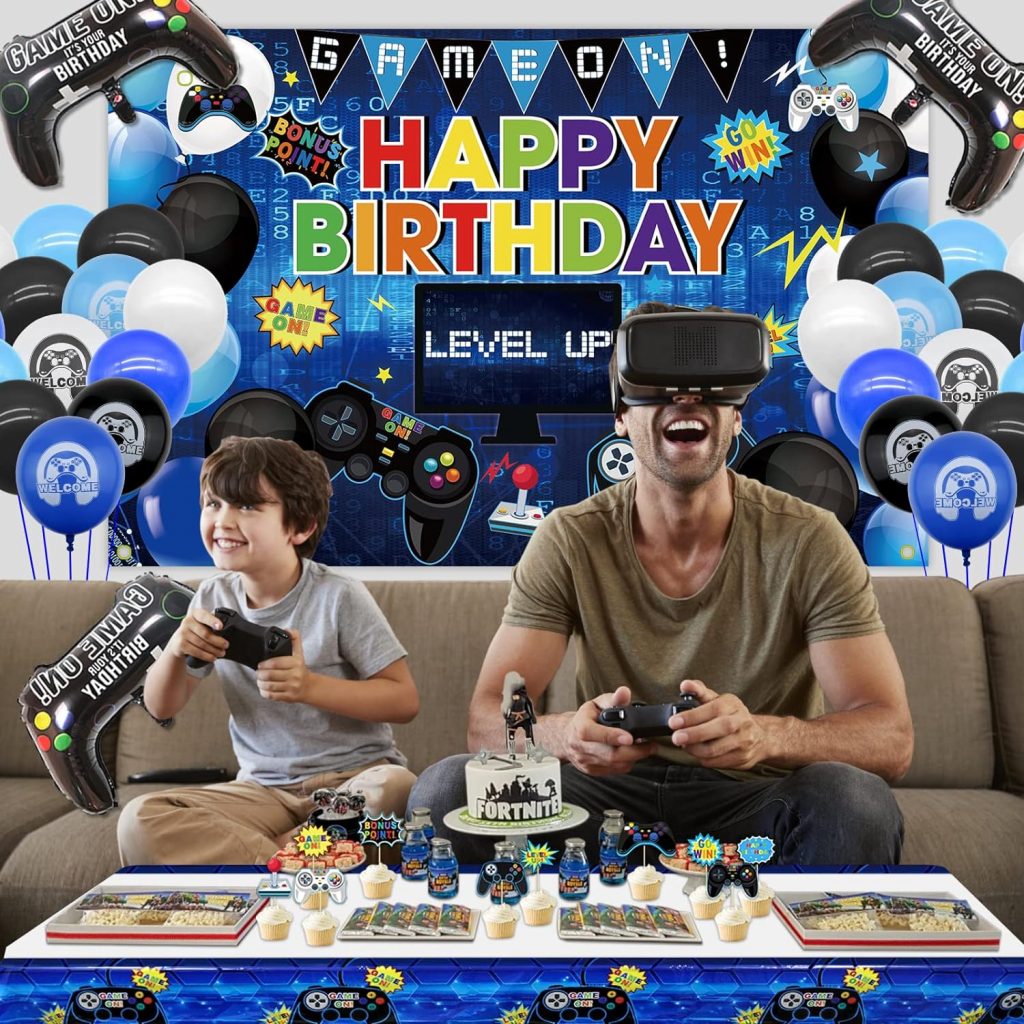 PIXHOTUL Video Game Happy Birthday Decorations Set - Gaming Theme Happy Birthday Backdrop Tablecloth 82Pcs Balloons Garland Arch Kit for Kids and Gamer Birthday Party (Blue)