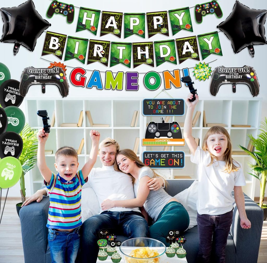 Video Game Party Decorations, Including Happy Birthday Banners, GAME ON Flag, Loading Hanging Decor, Video Game Theme Balloons, Cake Toppers for Kids, Boys and Girls Birthday Party (A)