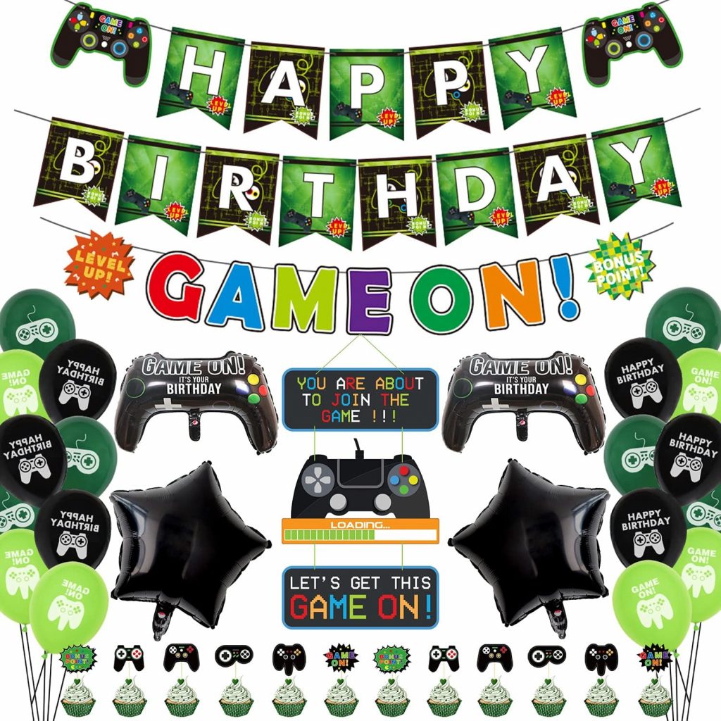 Video Game Party Decorations, Including Happy Birthday Banners, GAME ON Flag, Loading Hanging Decor, Video Game Theme Balloons, Cake Toppers for Kids, Boys and Girls Birthday Party (A)