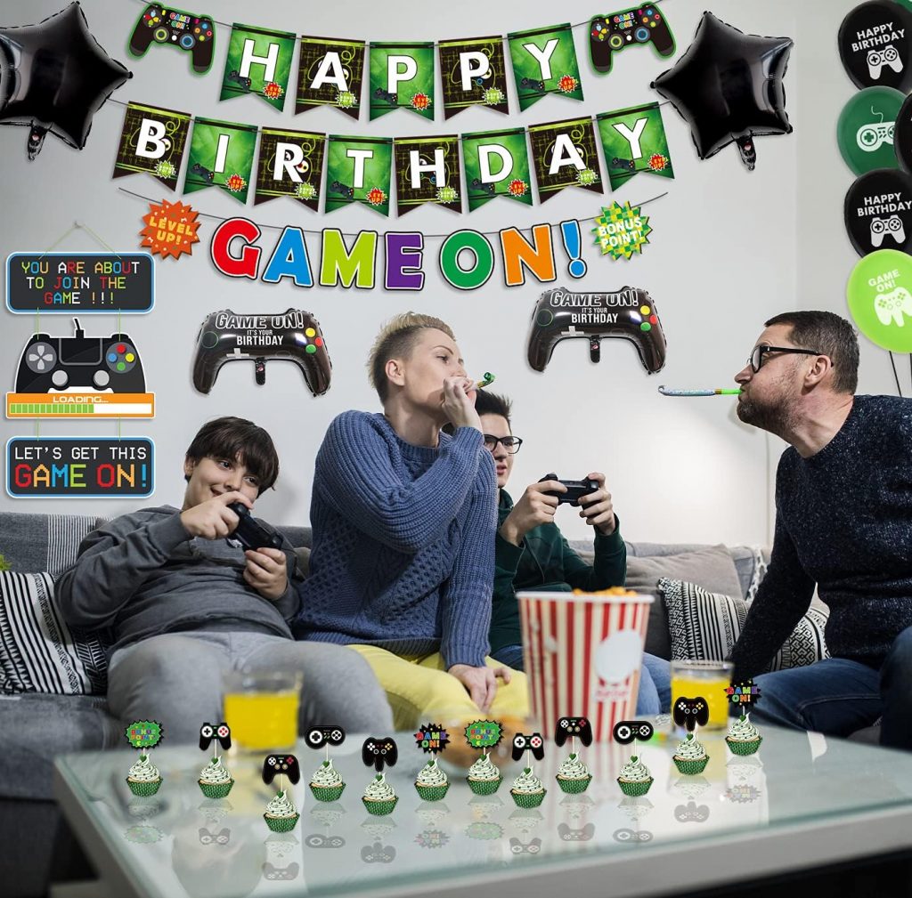 Video Game Party Decorations, Including Happy Birthday Banners, GAME ON Flag, Loading Hanging Decor, Video Game Theme Balloons, Cake Toppers for Kids, Boys and Girls Birthday Party (A)