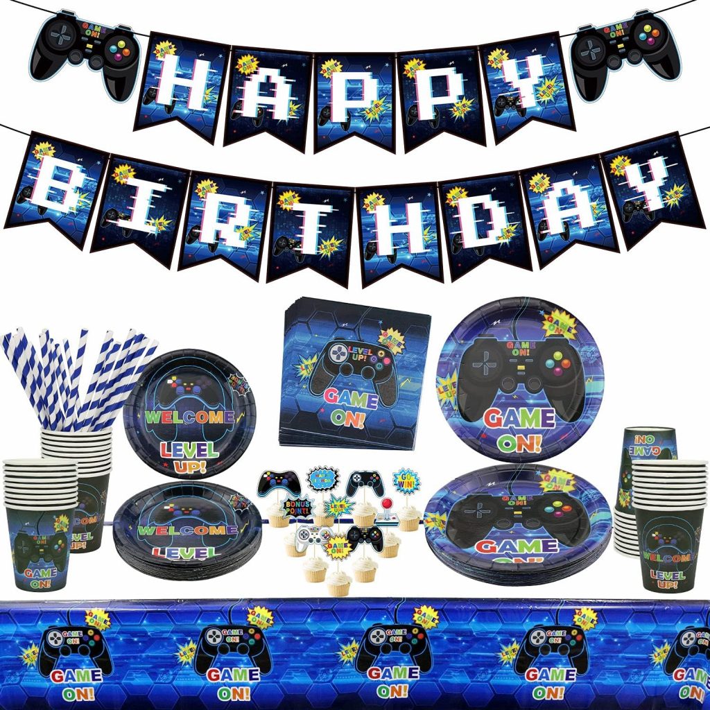 Ywediim Video Game Party Supplies - Game Party Decoration Kit for Boys, Including HAPPY BIRTHDAY Banner, Plates, Cups, Napkins, Tableware, Tablecloths, for Kid Birthday Decoration - Serves 20 Guests