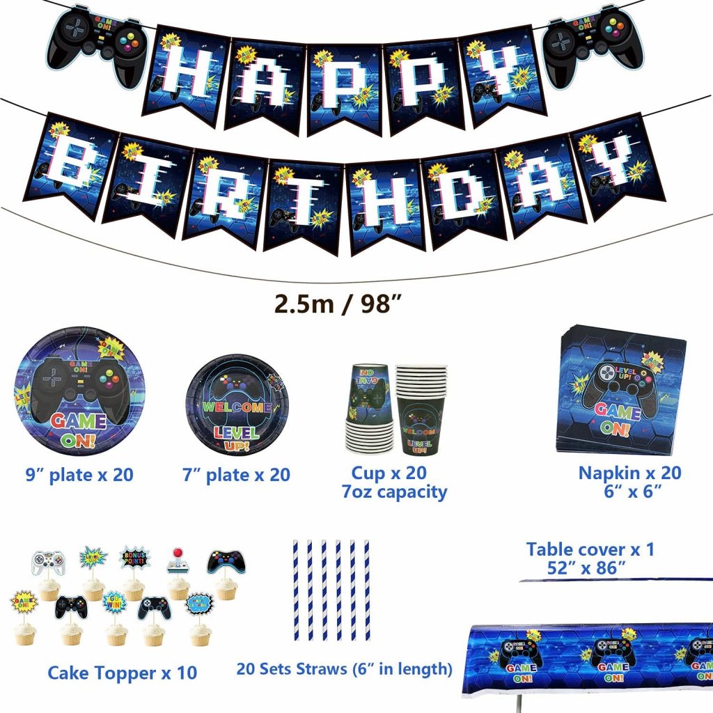 Ywediim Video Game Party Supplies - Game Party Decoration Kit for Boys, Including HAPPY BIRTHDAY Banner, Plates, Cups, Napkins, Tableware, Tablecloths, for Kid Birthday Decoration - Serves 20 Guests