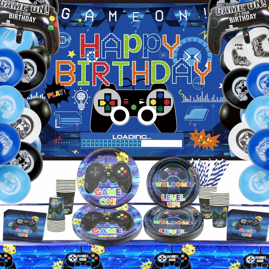 Ywediim Video Game Party Supplies - IncludingHappy Birthday Gaming Backdrop,Plates,Tablecloth,Cups,Napkins,Balloons, for Boys Men Gamer Birthday Decorations Party - Serves 20(Blue)