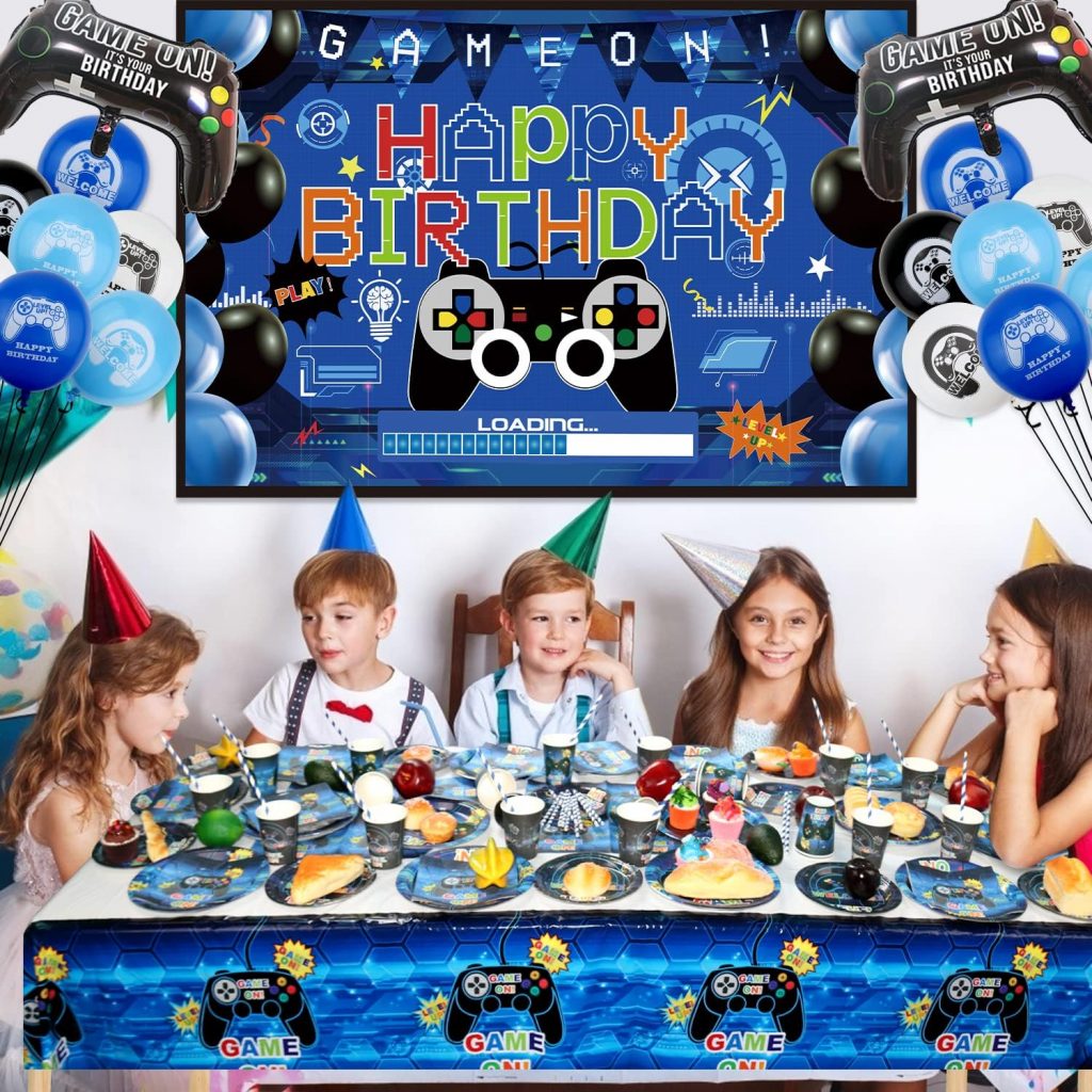 Ywediim Video Game Party Supplies - IncludingHappy Birthday Gaming Backdrop,Plates,Tablecloth,Cups,Napkins,Balloons, for Boys Men Gamer Birthday Decorations Party - Serves 20(Blue)